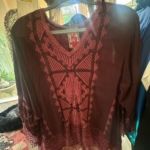 Johnny Was Embroidered V-Neck Tunic in Wine Red